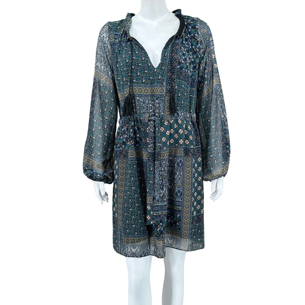 Misa Dress Womens Small Green Navy Fit‎ & Flare Tie Waist Tassels Boho Peasant